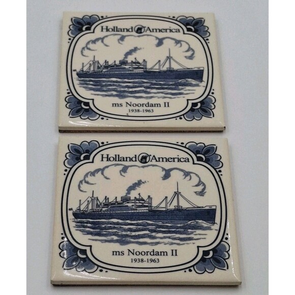 Holland American Cruise Line ms Noordam Blue Delft Coaster Tiles w/Cork Set 2 - Picture 1 of 6
